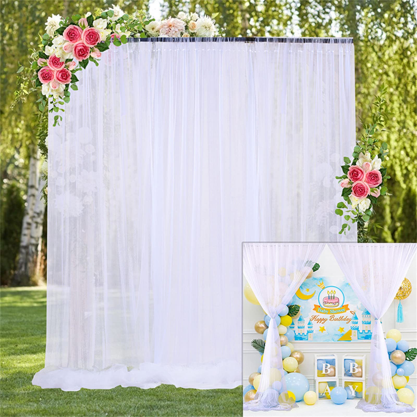 Querbehang Transparente Voile Gardine Fertiggardine Deko für Hochzeitsbogen & Traubogen Vorhangweiß Hochzeitsdekoration (Weiß,1.5 * 3m 2pcs)