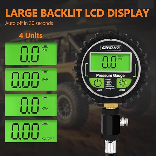 Miniatura 5 de Medidor digital de presión de neumáticos, precisión profesional, calibre de neumáticos de alta resistencia de 250 PSI, fácil de leer, medidor de