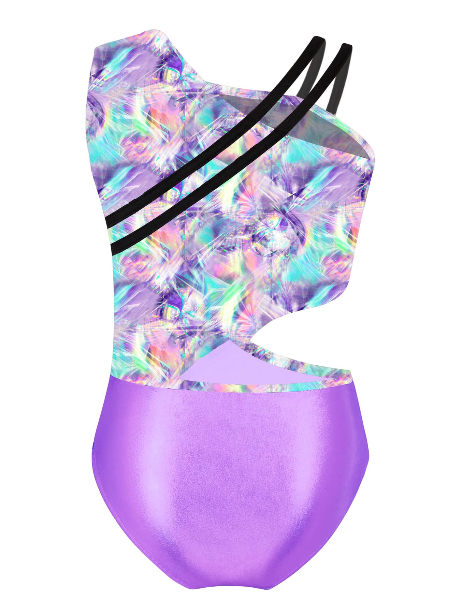 Mufeng Kids Girls Stylish Printed Patchwork Leotard Sleeveless Asymmetrical Shoulder Straps Dance Unitards Dancewear Light_Purple 8 Years