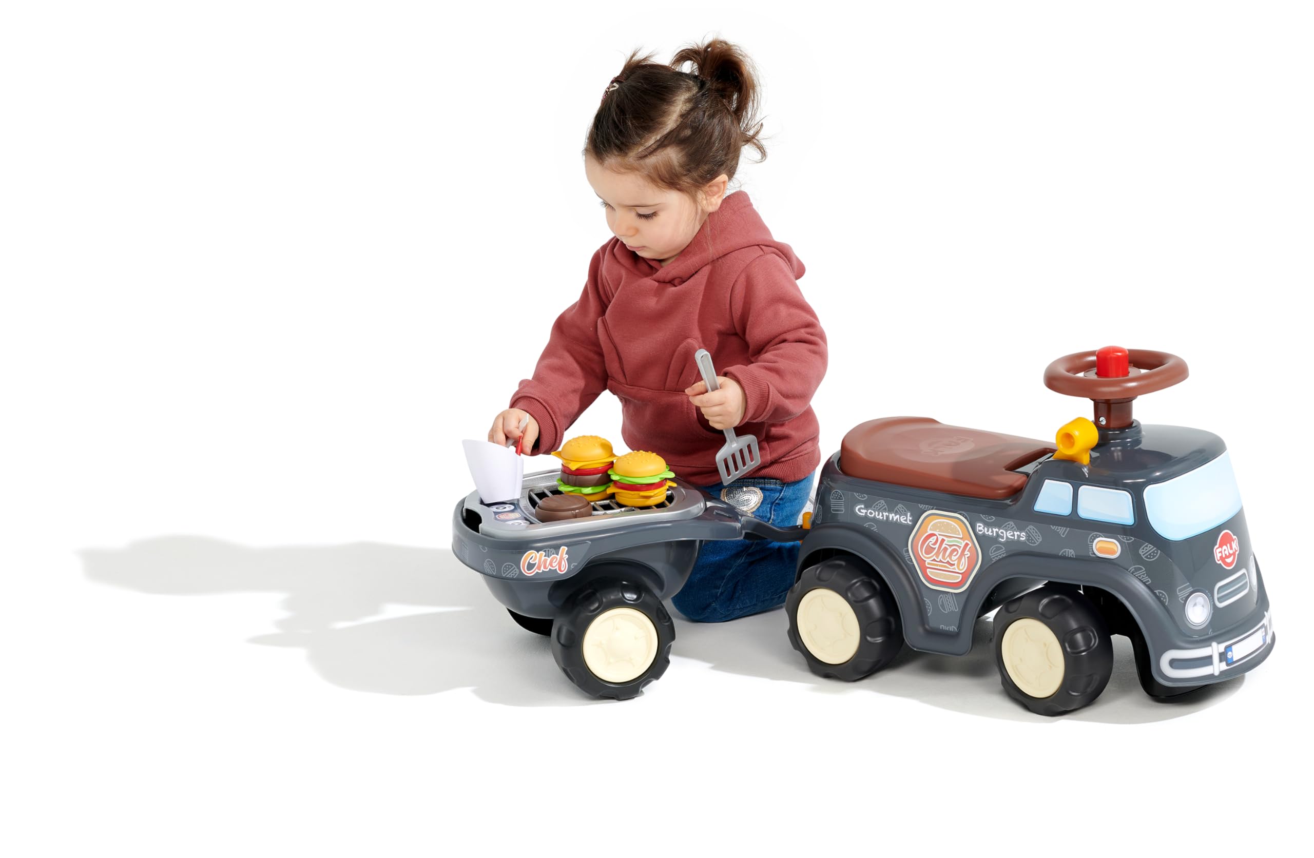 Falk – Portador Food Truck Gourmet Burger – A Partir de 12 Meses – Gris – Volante direccional con bocina – Palanca de Efecto sonoro – Baúl de Almacenamiento – Remolque BBQ & Accesorios – 707C