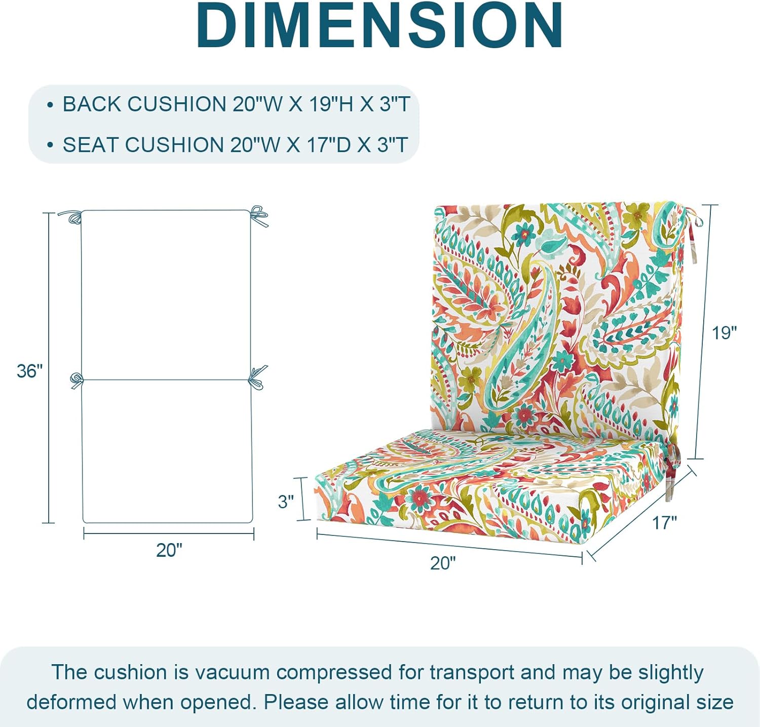 Outdoor Midback Chair Cushions Set of 2-20"x17" Water Repellent & Fade-Resistant Patio Seat Cushions with High-Resiliency Foam, Non-Slip Ties for Dining, Balcony Furniture-Pretty Paisley