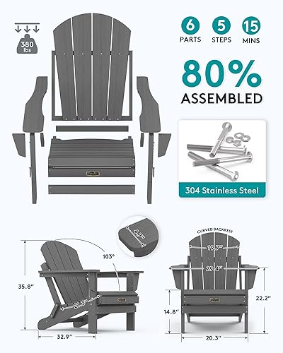 Miniatura 3 de SERWALL - Juego de sillas Adirondack de 2 para patio, jardín, al aire libre, fogata - (Plegable, gris)
