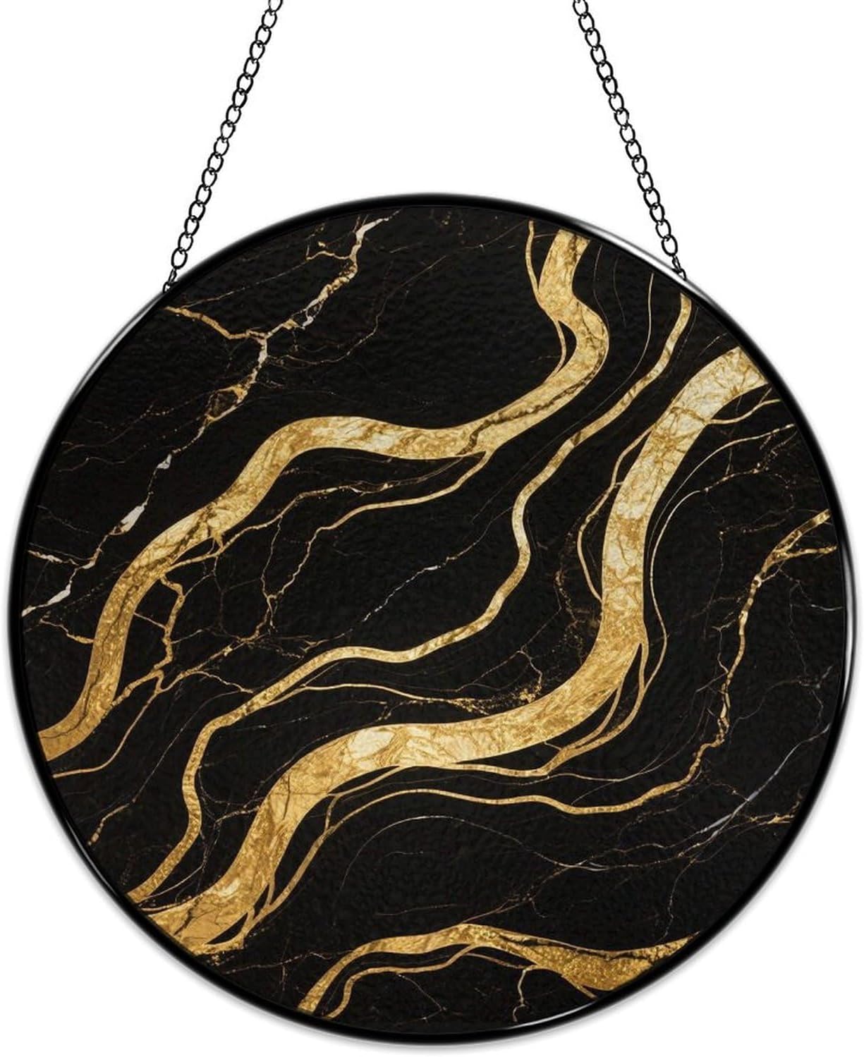 Stained Glass Window Hanging 30x30cm Window Suncatcher Glass Panel with Metal Chain Black Gold River MarbleSun Catchers Wall Art Home Decor Gift for Women Mother's Day