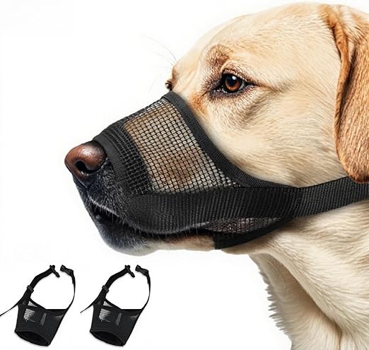 2 Pack Breathable Dog Muzzle - Soft Mesh Dog Mouth Guard with Comfortable Nose Protection, Adjustable Pet Safety Muzzle for Medium Large Dogs, Prevents Biting Barking (Black, Large)