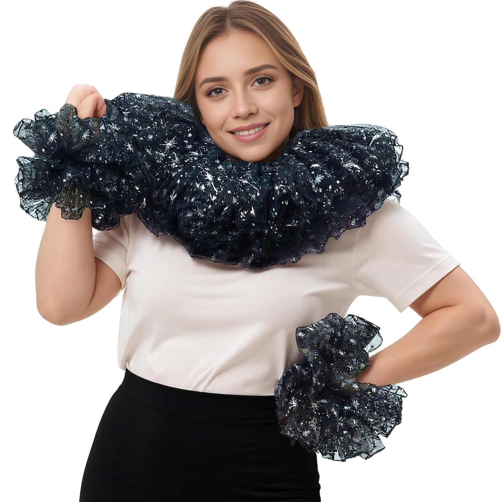 Clown Collar Victorian Ruffle Collar Renaissance Wrist Cuffs Set Elizabethan Layered Neck Ruffle
