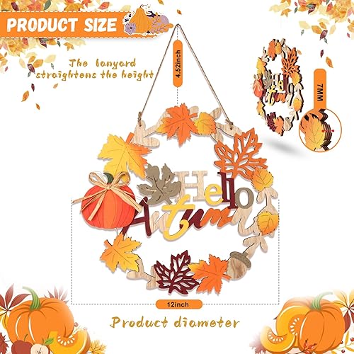 Miniatura 7 de Decoración de otoño para puerta delantera, coronas de otoño de 12 pulgadas para puerta delantera, letrero de madera 3D para puerta de otoño, corona