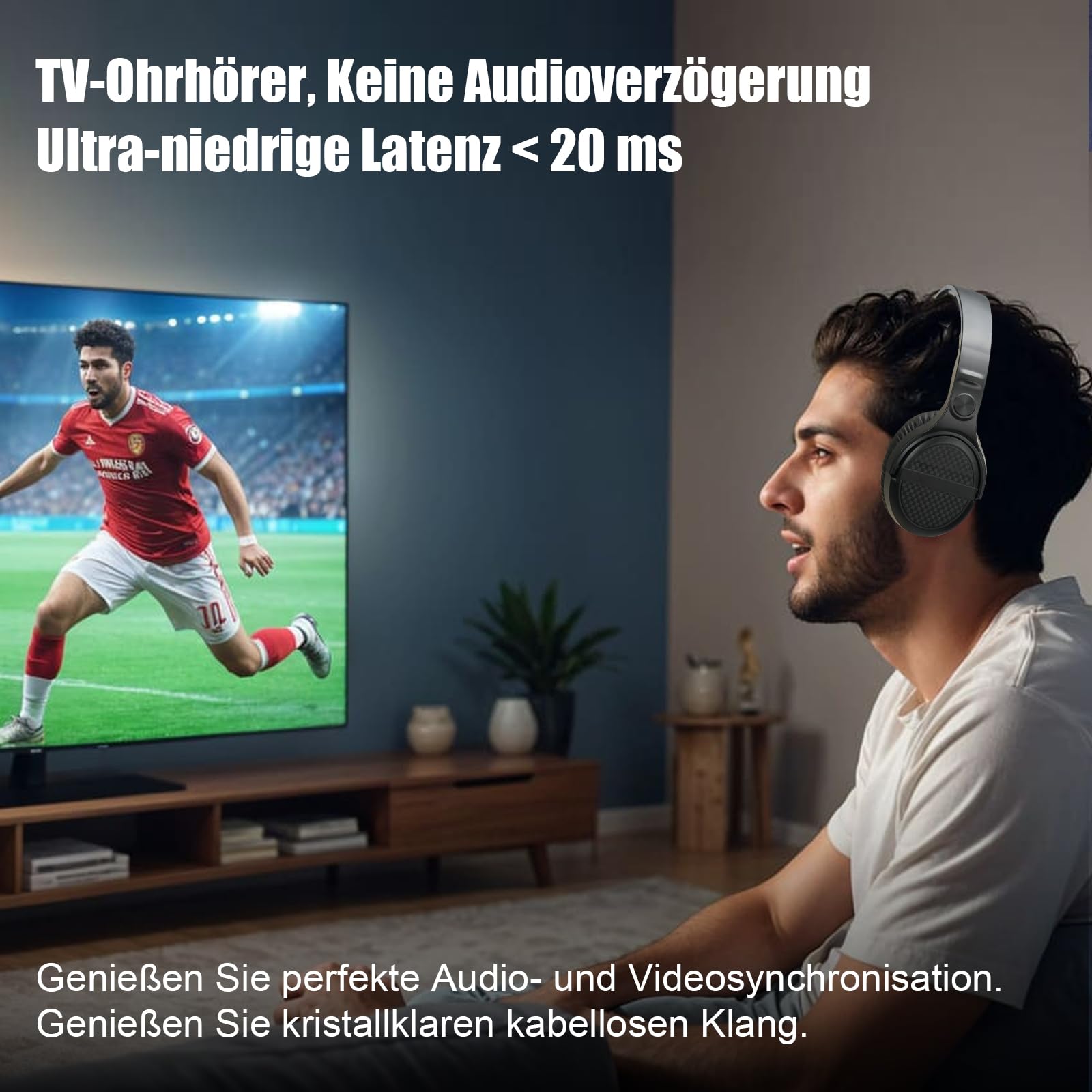 Drahtlose TV-Kopfhörer mit Ladestation und Sender, 2,4-GHz-Funkkopfhörer zum Fernsehen, große Bedientasten und Klangverstärkung für Senioren, Leichtes, Bequemes Bluetooth-Headset, Einfach zu Bedienen