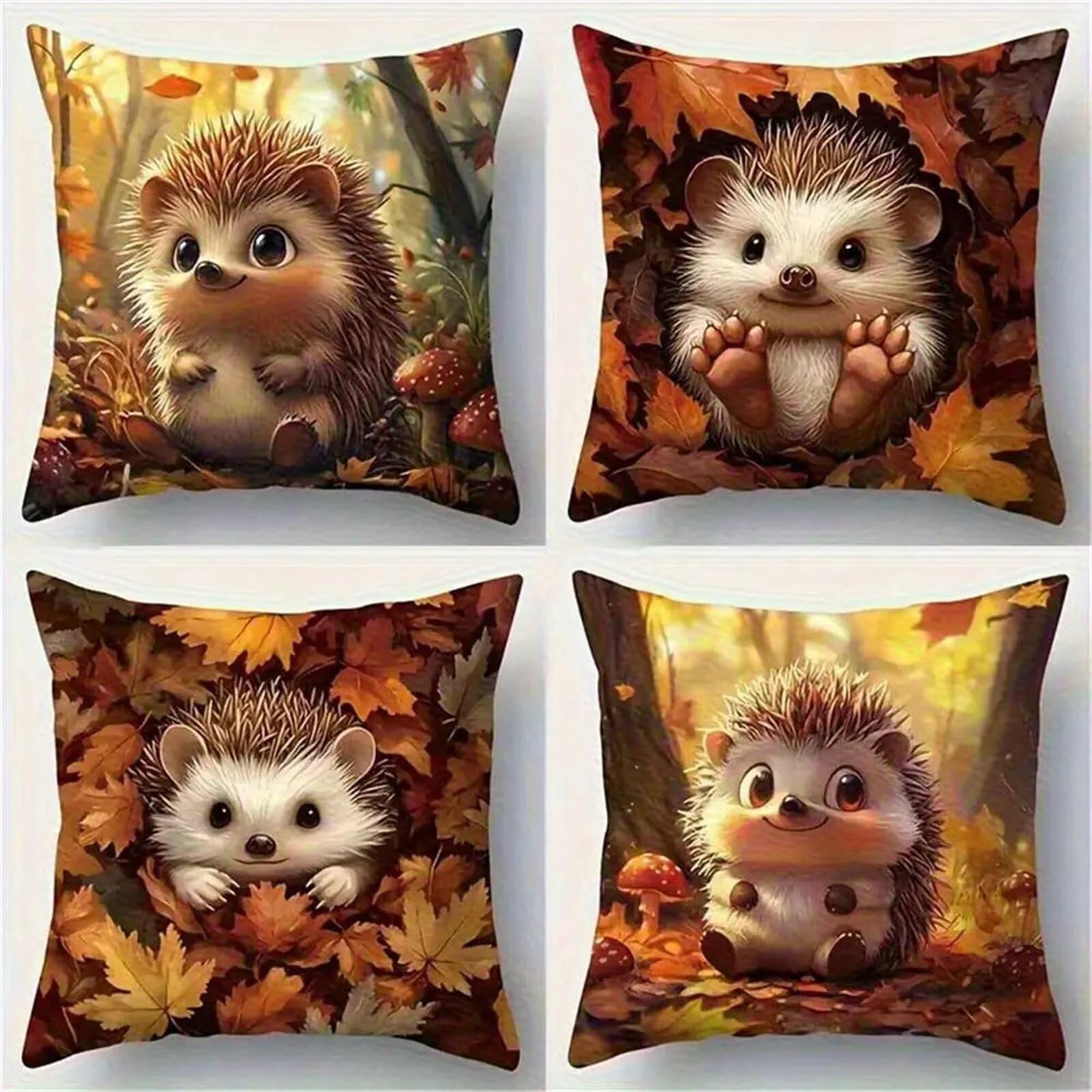 Fundas de Cojines 70x70 cm, Juego de 4 Fundas para Cojines Decorativas de Lino, Erizo Hoja Arce, Fundas de Almohada para Sofá, Silla y Decoración de Interiores