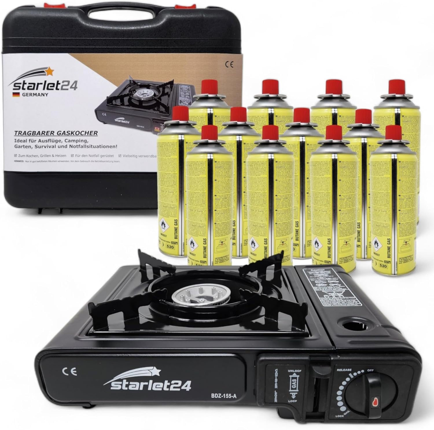 Starlet24® Zestaw kuchenek kempingowych z 12 kartuszami gazowymi i walizką transportową – idealny do aktywności na świeżym powietrzu, takich jak kemping i wędrówki – przenośny i samowystarczalny, bez