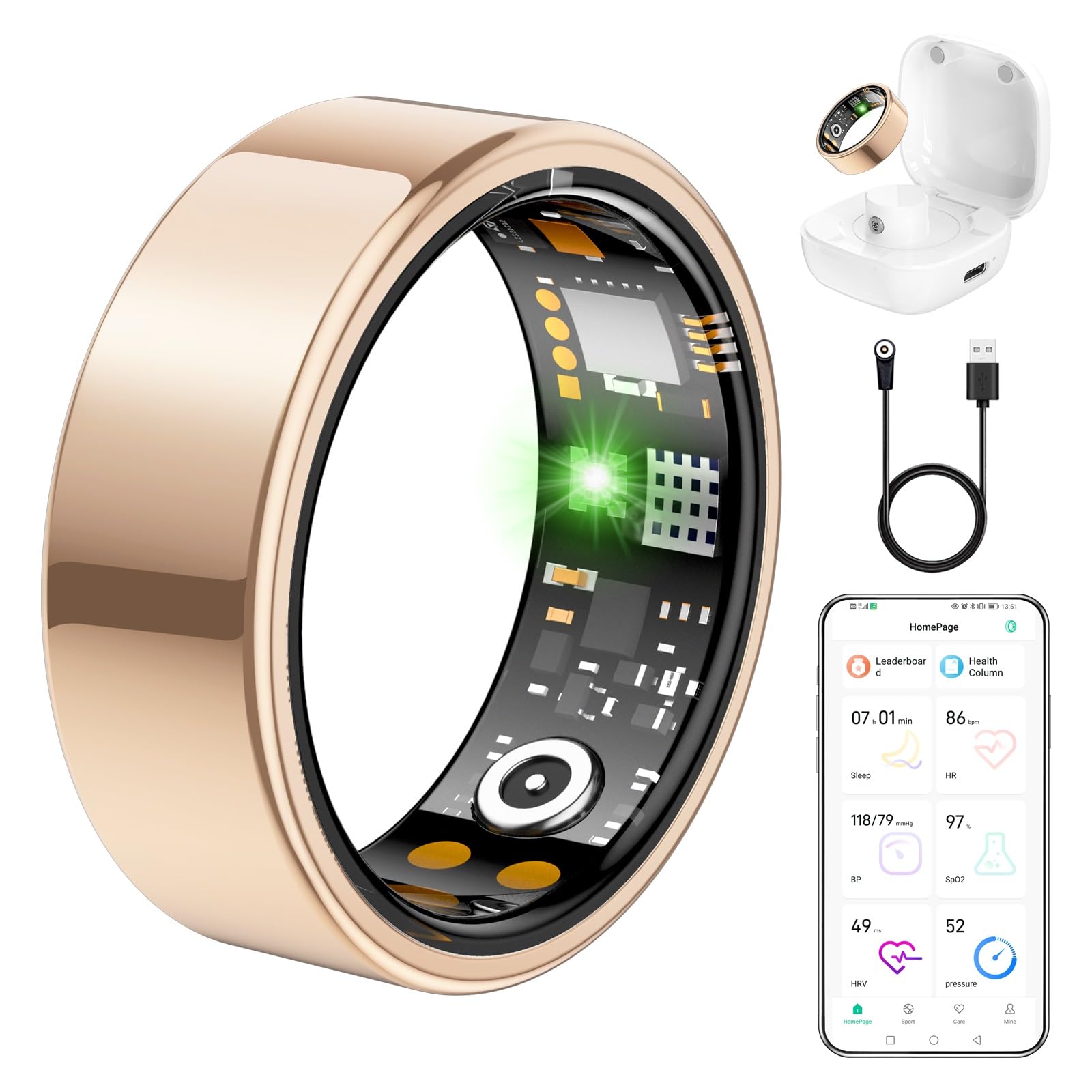 Ring Health Tracker for Women Men, Fit Ring with Heart Rate, Blood Oxygen, Sleep Monitor, Calories, Step Counter, IP68 Waterproof Smart Ring for iPhone &amp; Android, No Subscription Fee (Rose Gold, 11#