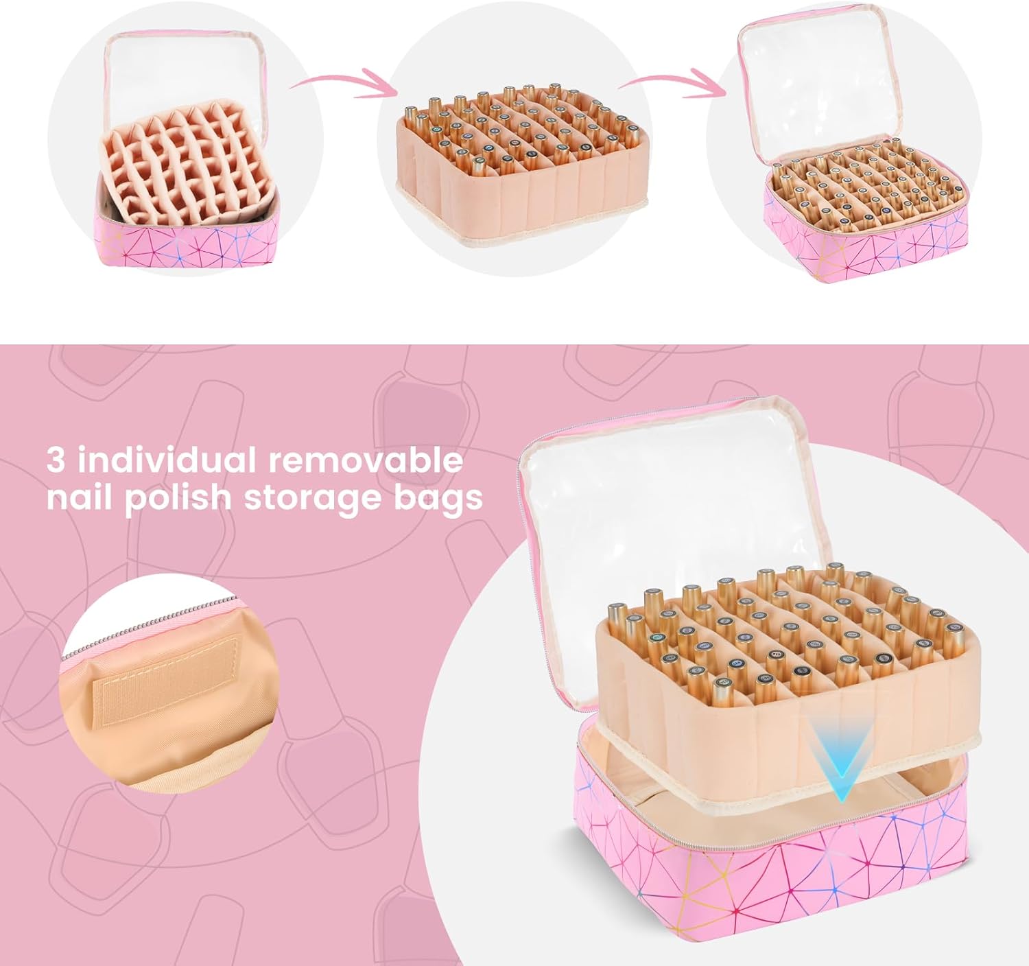 Hautton Nail Polish Organizer Holds 126 Bottles & Nail Lamp, PU Leather Extra Large Nail Kit Supplies Storage Bag with 3 individual drawers, Portable Nail Organizers Travel Case for Manicurist -Pink