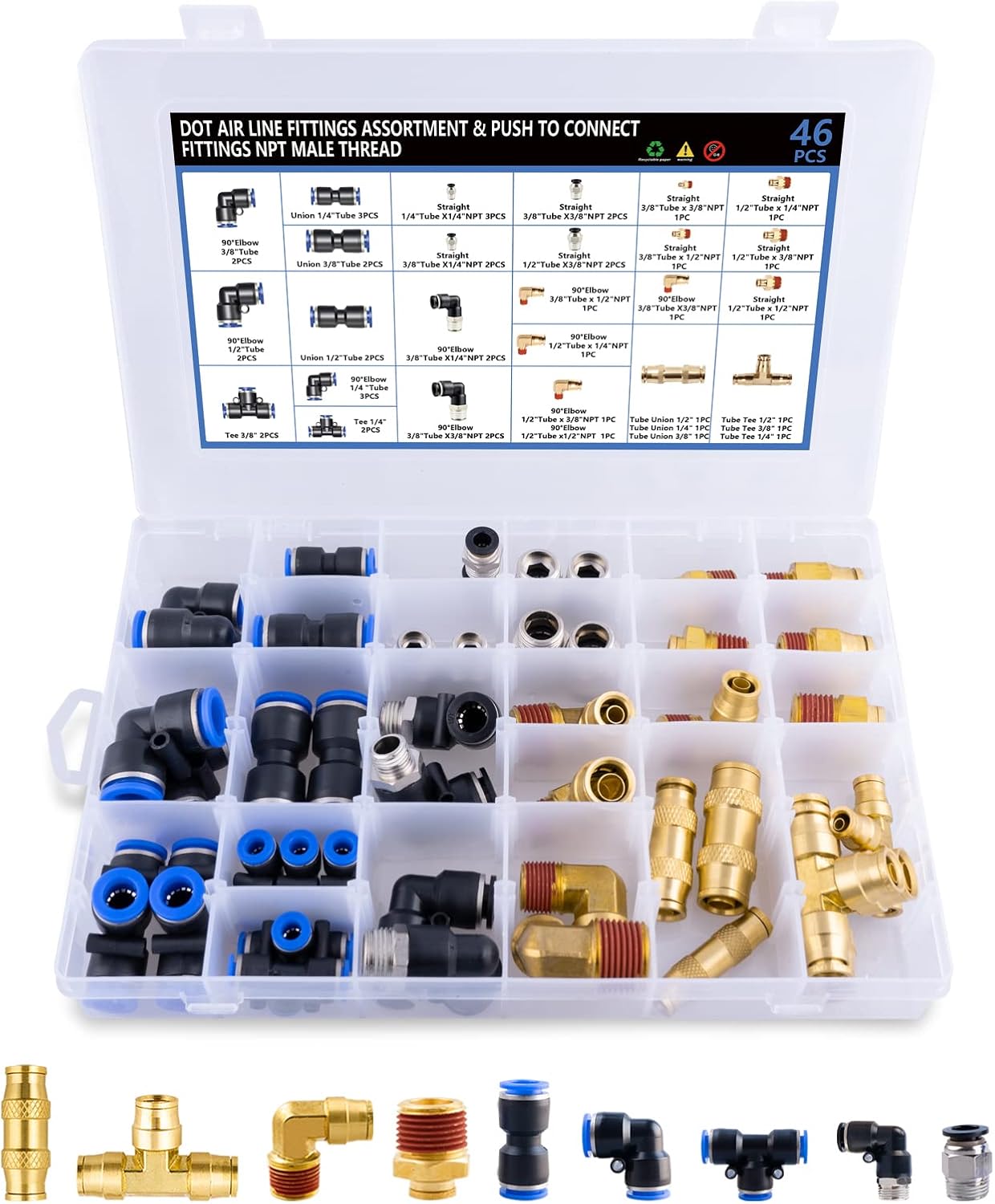 46 Pcs Brass DOT Air Brake Line Fittings Assortment, 1/4" 3