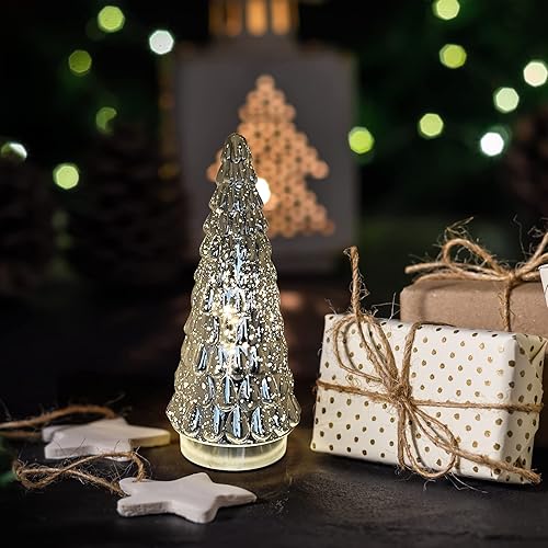 Miniatura 2 de SHMILMH Árbol de Navidad de cristal de mercurio plateado, pequeño árbol de Navidad de mesa con luz, funciona con pilas, mini árbol de Navidad para