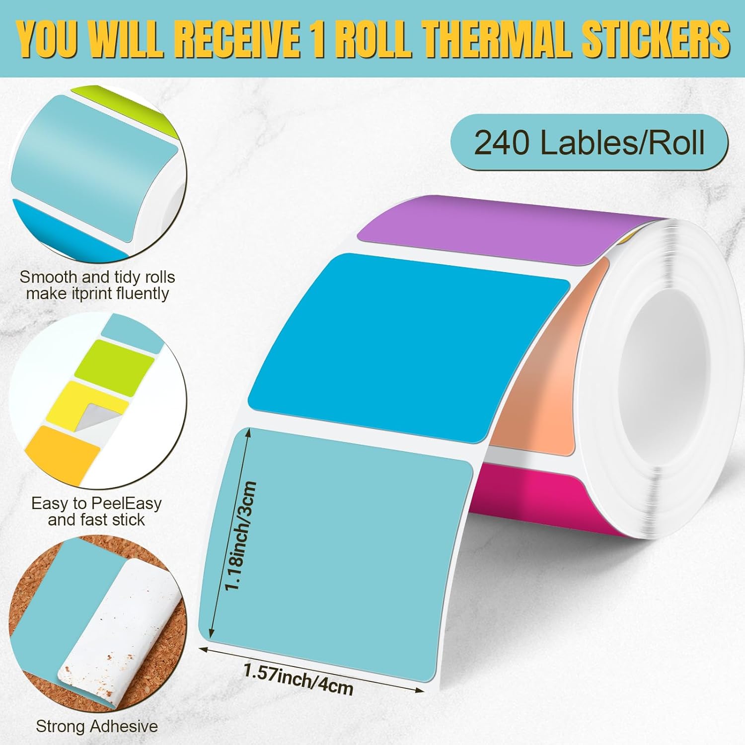 Ctosree 240 Pcs/ 1 Roll Square Thermal Sticker Labels Self Adhesive Direct Thermal Labels Multipurpose Printer Paper for DIY, Name Tag, 1.18 x 1.57 inches/ 30 x 40 mm(Vibrant Color) - Image 2