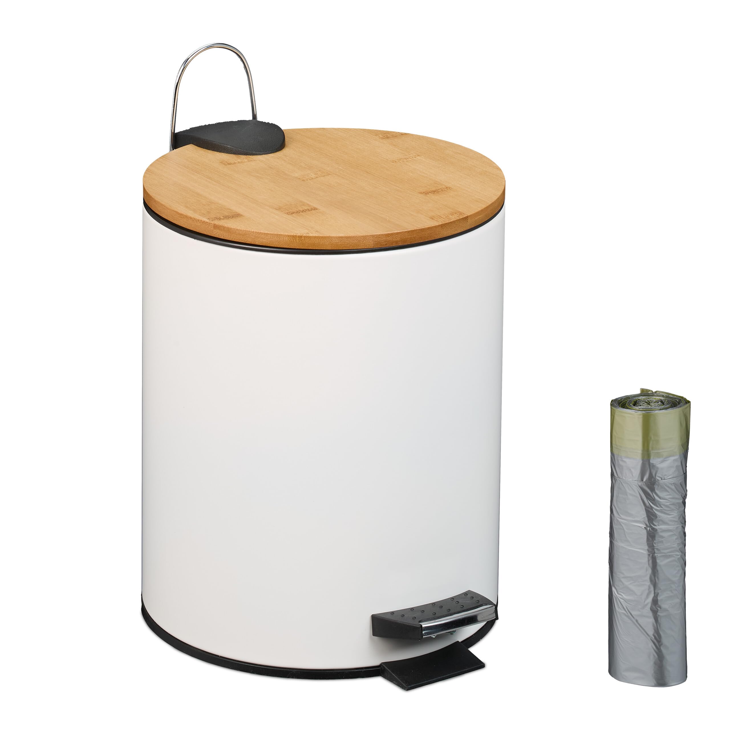 Relaxdays Bathroom Pedal Bin, 5L, Soft-Close, Removable Inner Bucket, Metal, Bamboo Lid, Sanitary Disposal, White