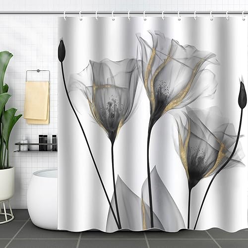 Miniatura 4 de Cortina de ducha floral gris con diseño de tulipanes en acuarela para baño, impermeable, tela de poliéster, cortina de baño de 72 x 72 pulgadas con