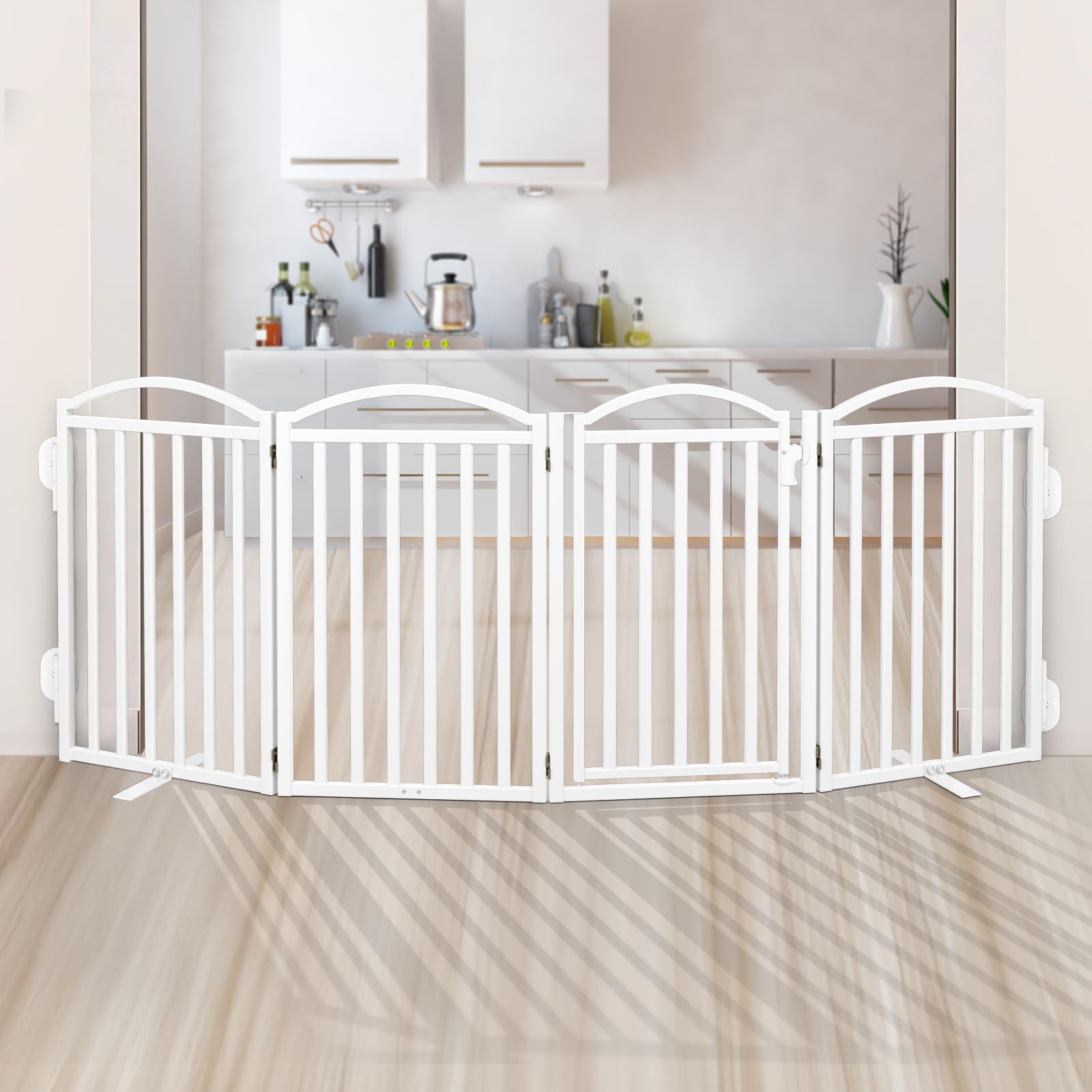 Malier Metal Freestanding Dog Gates with Door, 32'' Height Outdoor Indoor Dog Fences, Extra Wide Foldable Puppy Gate for Stairs (White, 4 Panels with Door 80''W × 32''H)
