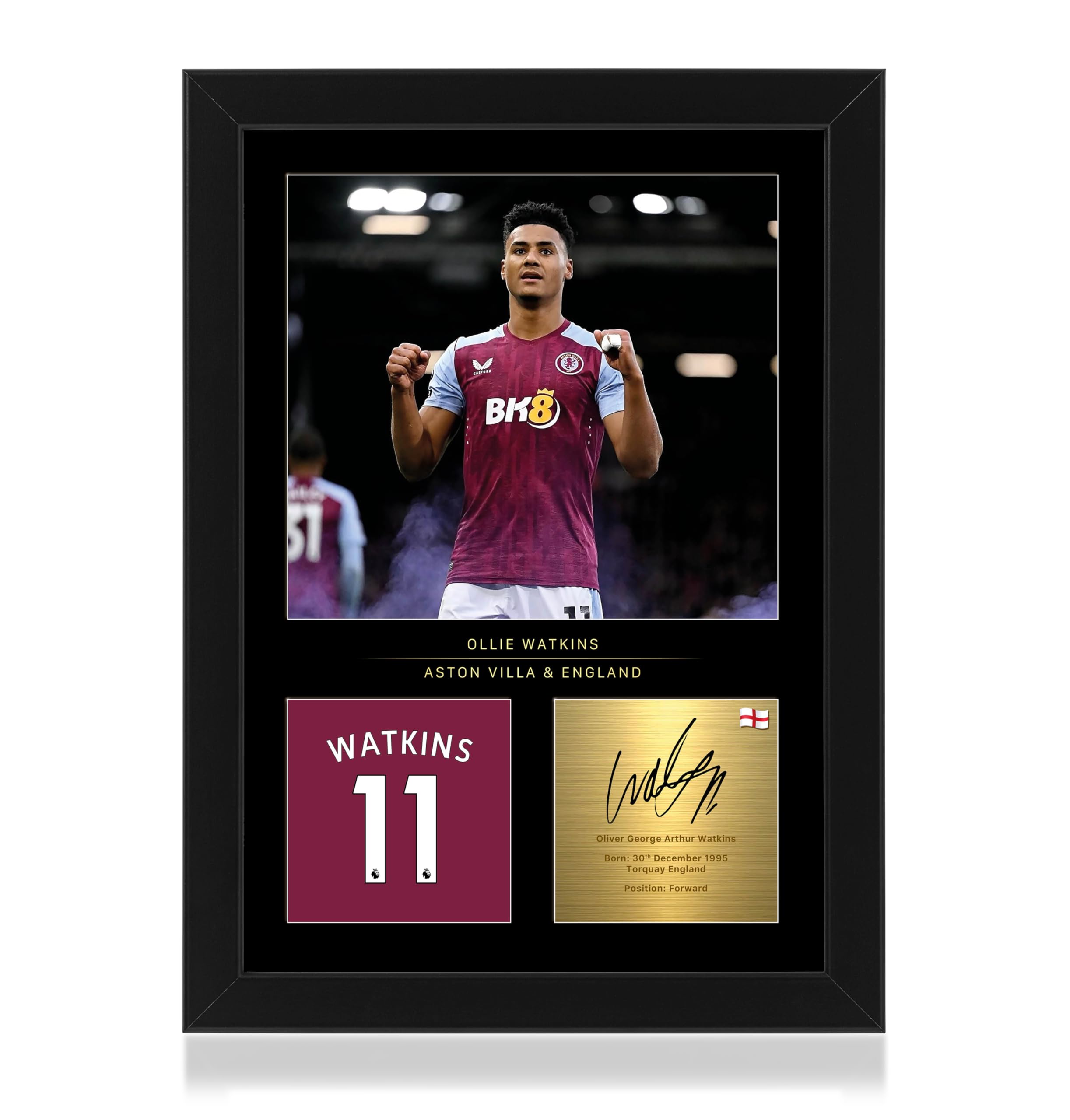 Win FC Ollie Watkins A4 Framed Photo Display - Reproduced Digital Signature - Gift For Aston Villa Fans, Black, 33L x 24W cm