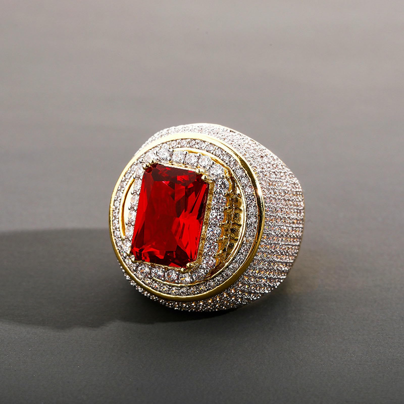Herren-Ring mit kubischem Zirkonia und Rubin, auffälliges Retro-Design, Statement-Schmuck, übertriebener Vintage-Stil, Band, Geschenk für ihn