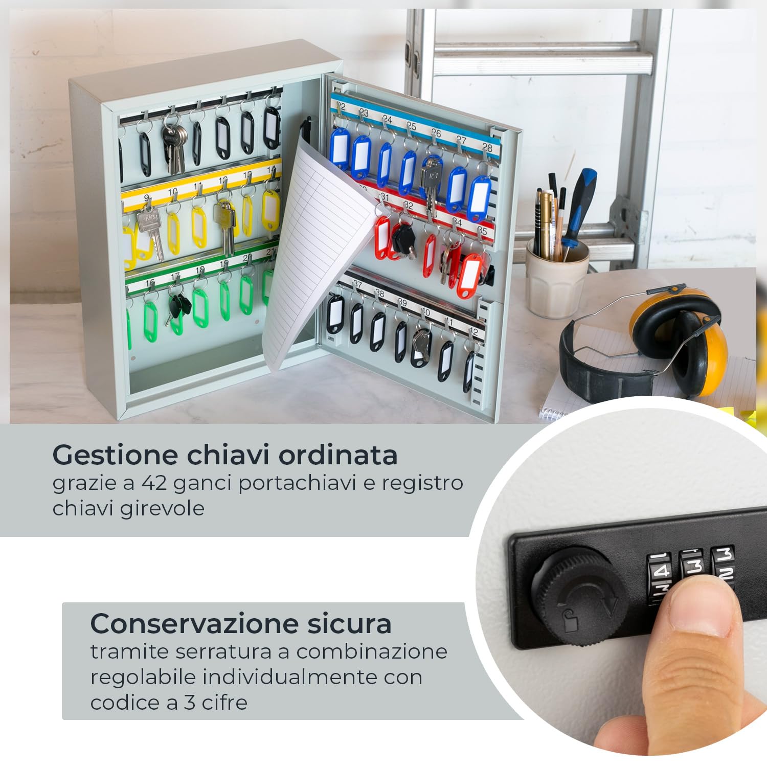 HMF 13642-07 Armadietto portachiavi con codice numerico, cassetta portachiavi grande | 42 ganci | 35 x 27 x 8 cm | Grigio chiaro