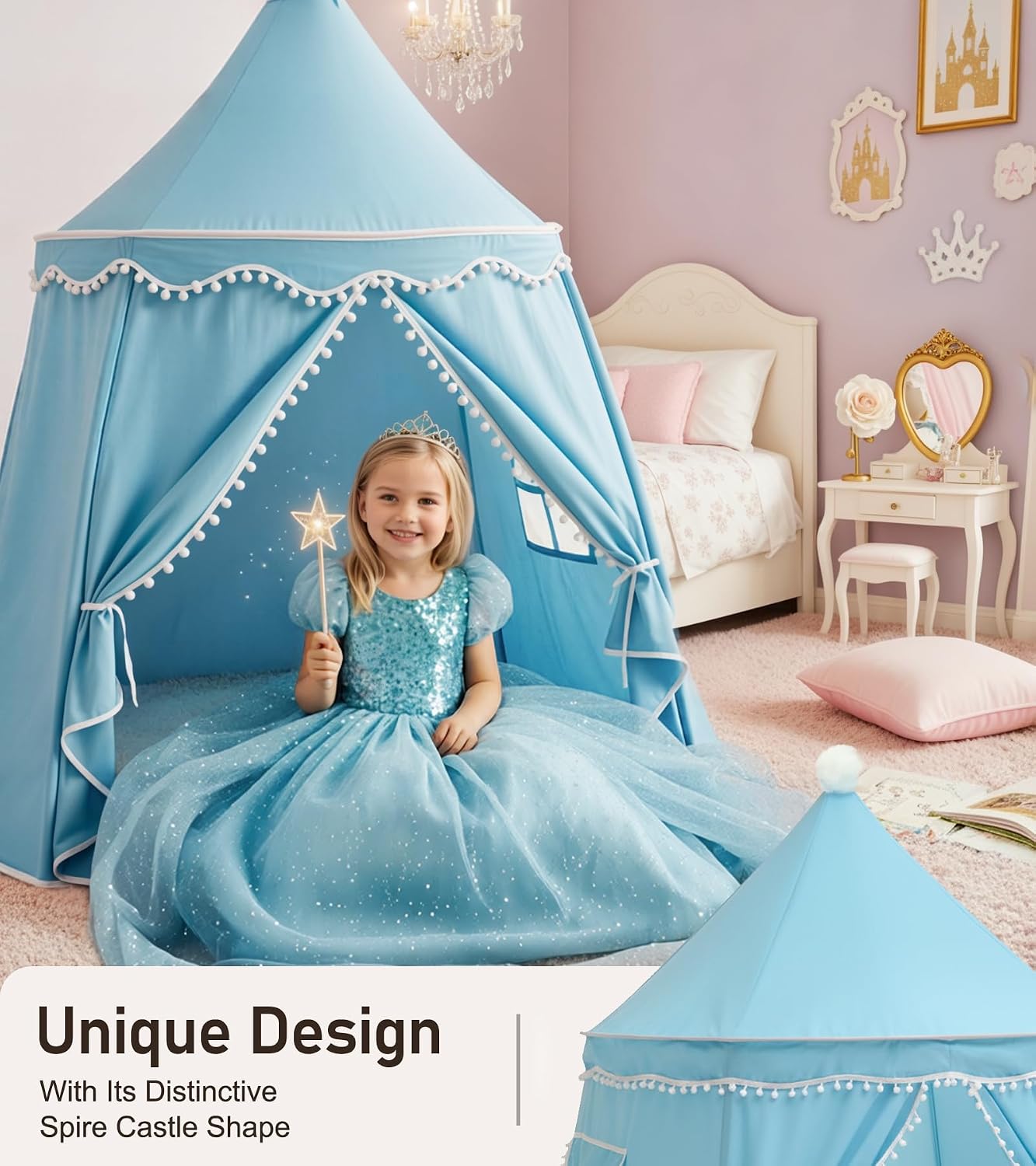 Play Tent with Padded Mat, Star Lights and Flags, Large Playhouse Kids Castle Tents, Indoor Outdoor Game Tent, Portable Children Yurt Tents, Gift for Boys & Girls, 47''x45'', Blue