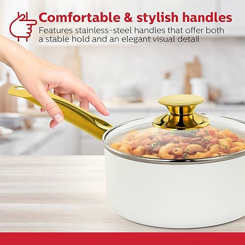 Miniatura 4 de Holstein Housewares Cacerola antiadherente de cerámica blanca de 2.5 cuartos con tapa, color dorado y mango de acero inoxidable, elegancia dorada