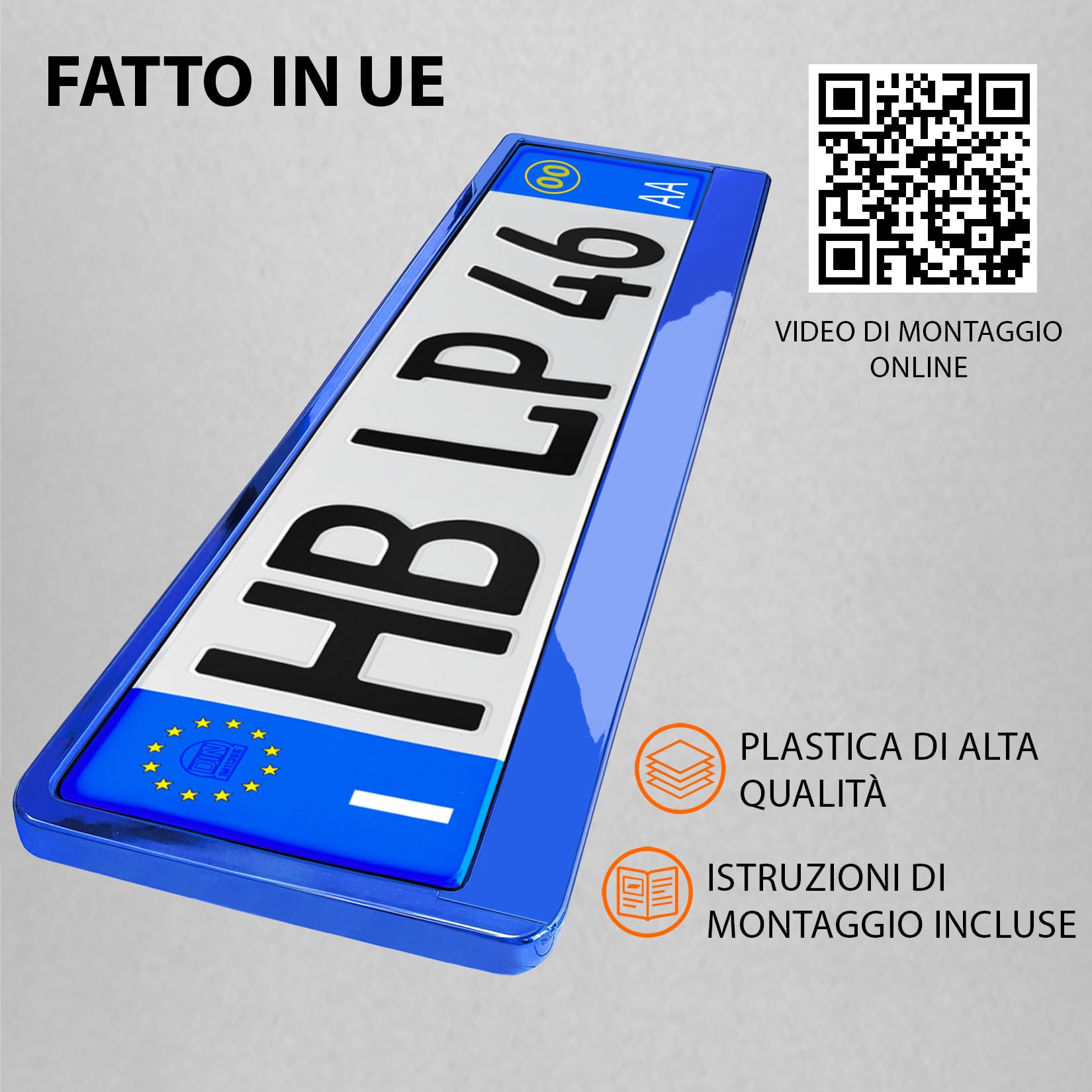 Portatarga Auto - Supporto Targa - [semplice, durevole e sicuro] - 8 viti - 520x110 mm - Blu Cromo - Porta Targa - adatto a qualsiasi auto - per targhe italiane omologate - Fissaggio per Targa