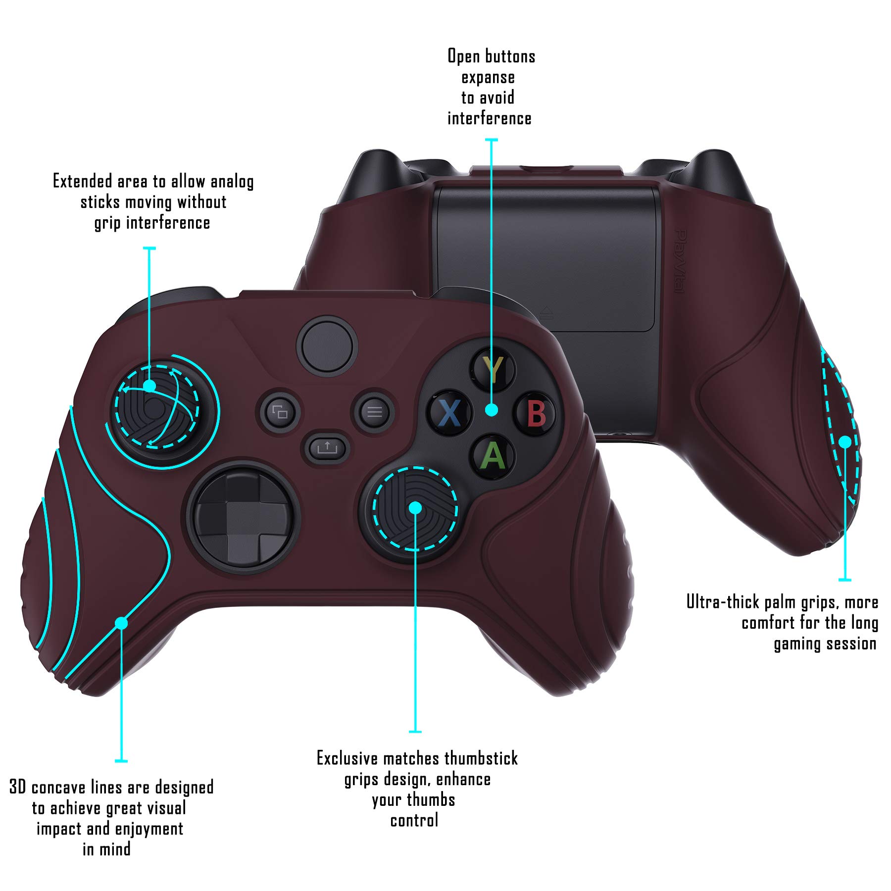eXtremeRate PlayVital Samurai Edition Silicone Skin for Xbox Series S/X Controller, Anti-Slip Ergonomic Protective Case Cover for Xbox Core Controller w/Thumb Grips - Wine Red - 4