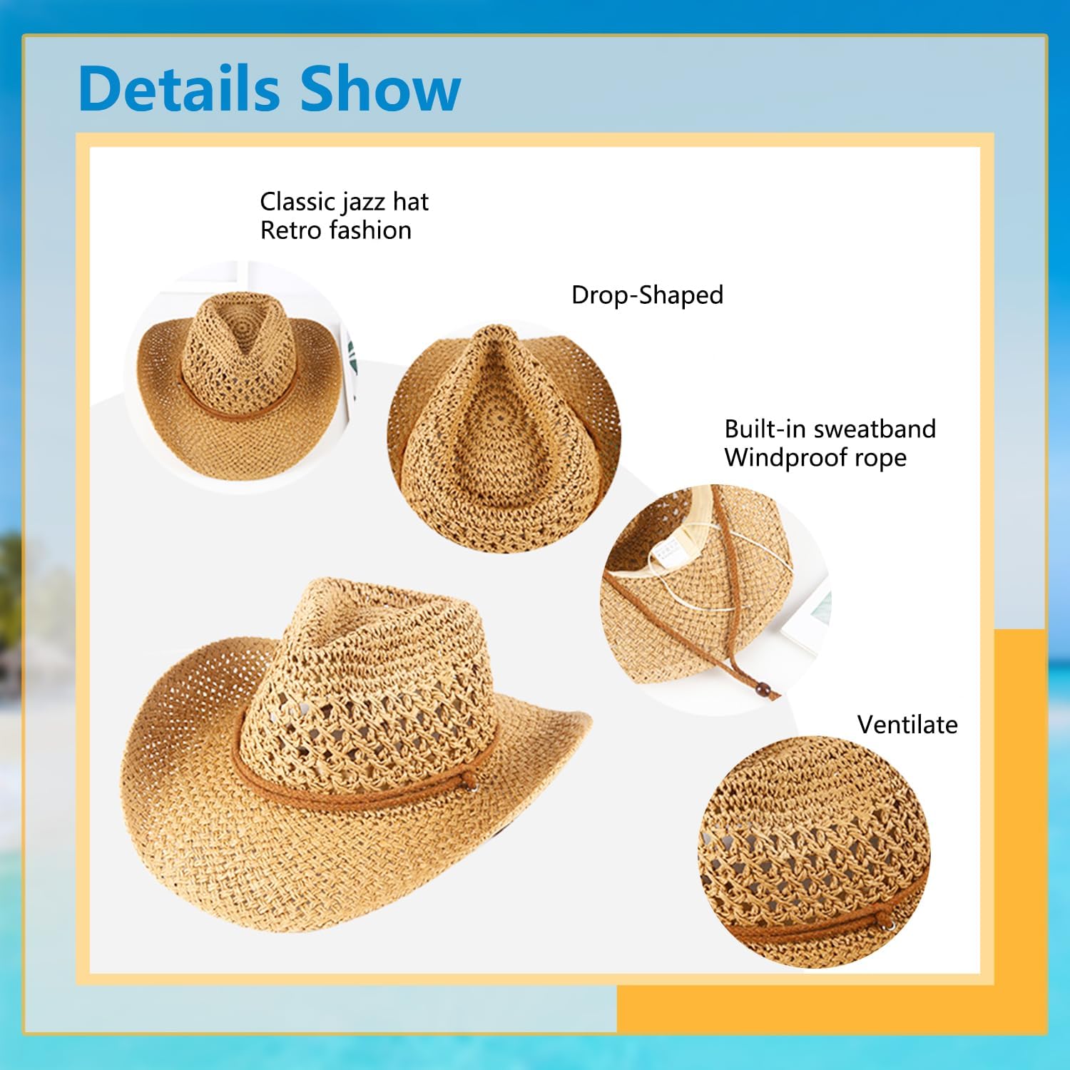 Straw Cowboy Hat Western Hats for Women/Men Cowgirl Hat Sun Beach Hat Shapeable Wide Brim Foldable Vacation Hat for Summer - Image 3
