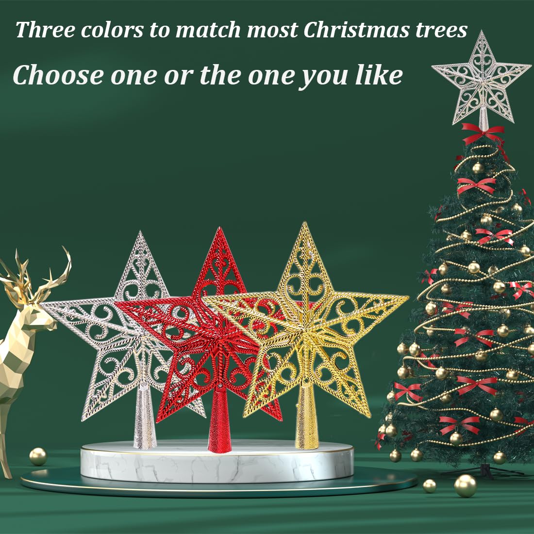 20CM Red Silver Gold Hollow Top Pentagram Luxury Metallic Star Christmas Tree De