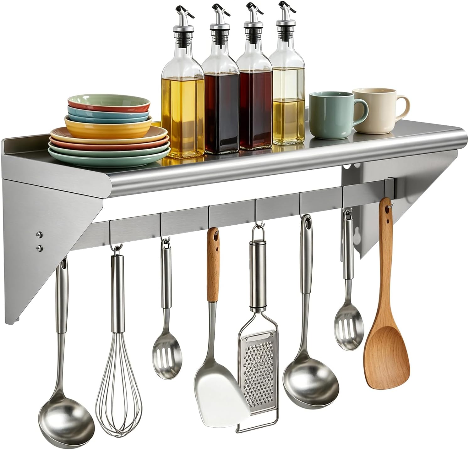 Commercial Stainless Steel Shelf with 8 Hooks 12" x 36", Wall Mounted Food Service Storage Rack Shelves, Heavy Duty 270 lb Metal Shelf for Kitchen, Restaurant, Food Truck, Garage, Laundry Room