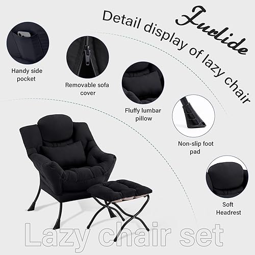 Miniatura 7 de Silla perezosa con otomana, cómoda silla de descanso de tela con almohada lumbar y reposapiés plegable, sofá de lectura para dormitorio, sala de