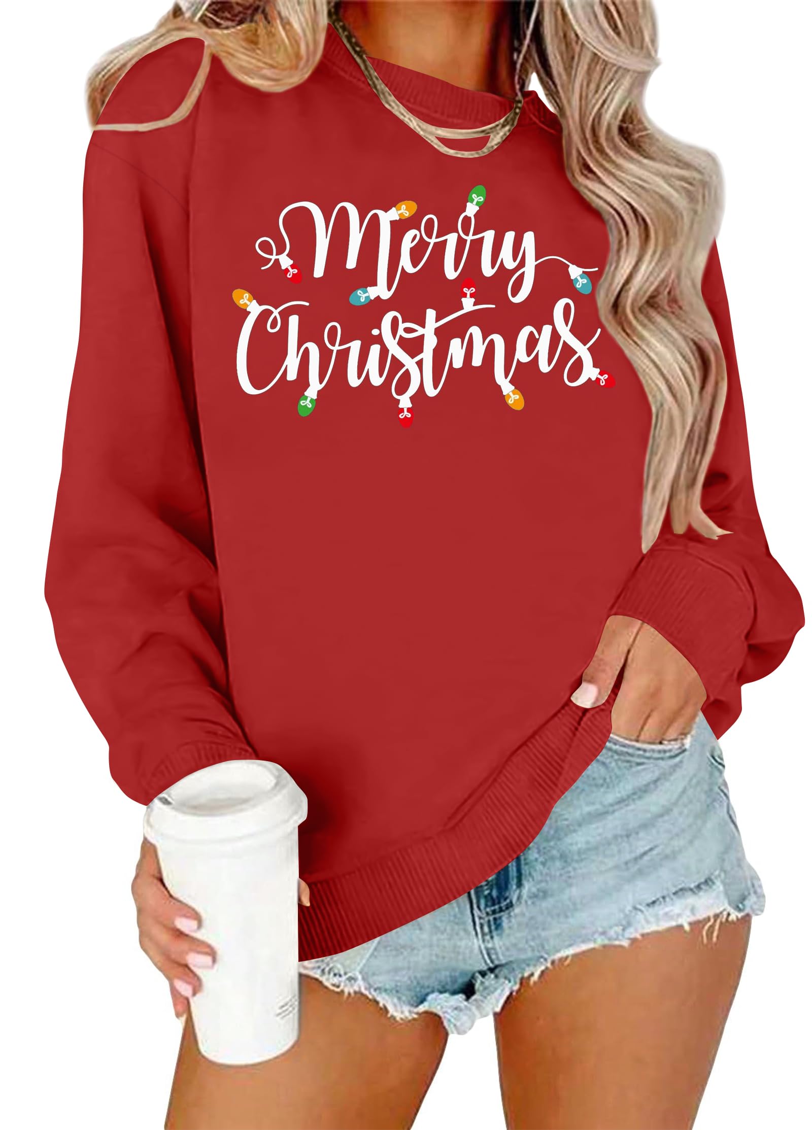 Christmas Sweatshirts for Women Merry Christmas Plaid Pullover Sweatshirts Holiday Vacation Graphic Tees Tops
