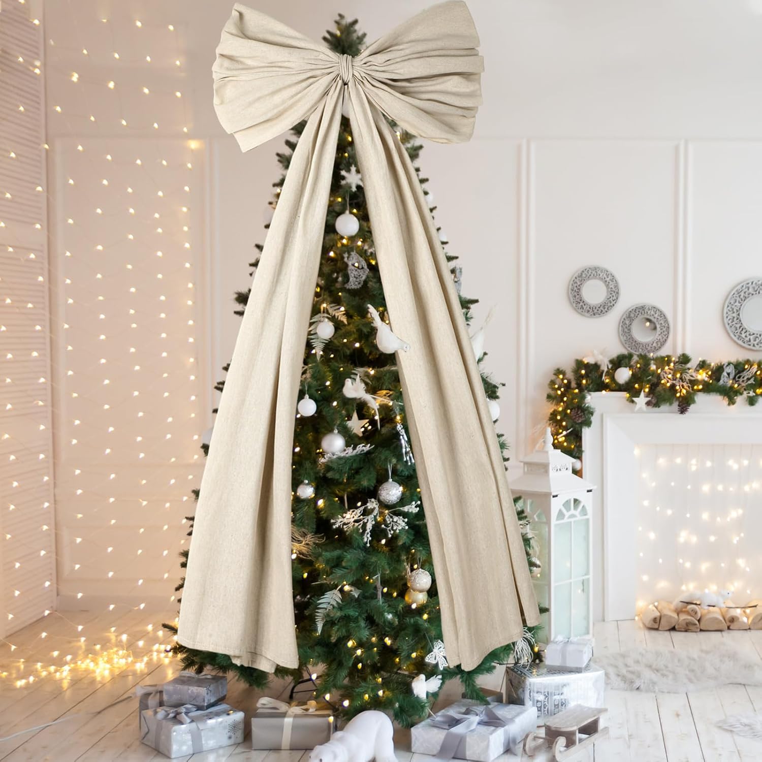 Giegxin 59inch Extra Large Christmas Tree Topper Bow Boho Cotton Linen Bow Tree Topper Rustic Burlap Christmas Wreath Bows with Long Streamers for Xmas Home Wedding Party Supplies