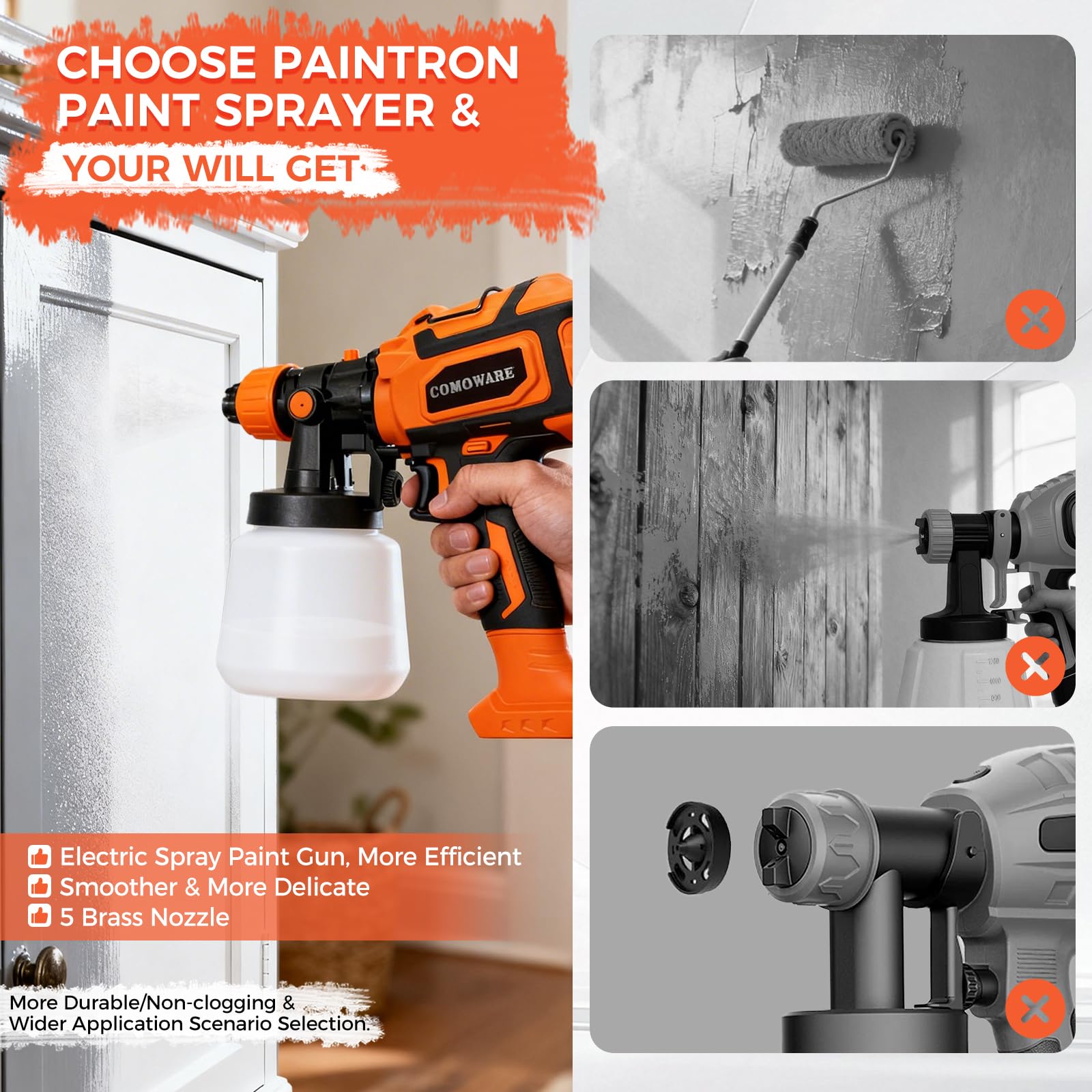 COMOWARE Pulverizador de pintura, pistola pulverizadora HVLP de 1000 W, flujo ajustable, 5 boquillas y 3 patrones, recipiente desmontable de 1400 ml, para muebles, armarios, vallas, paredes y