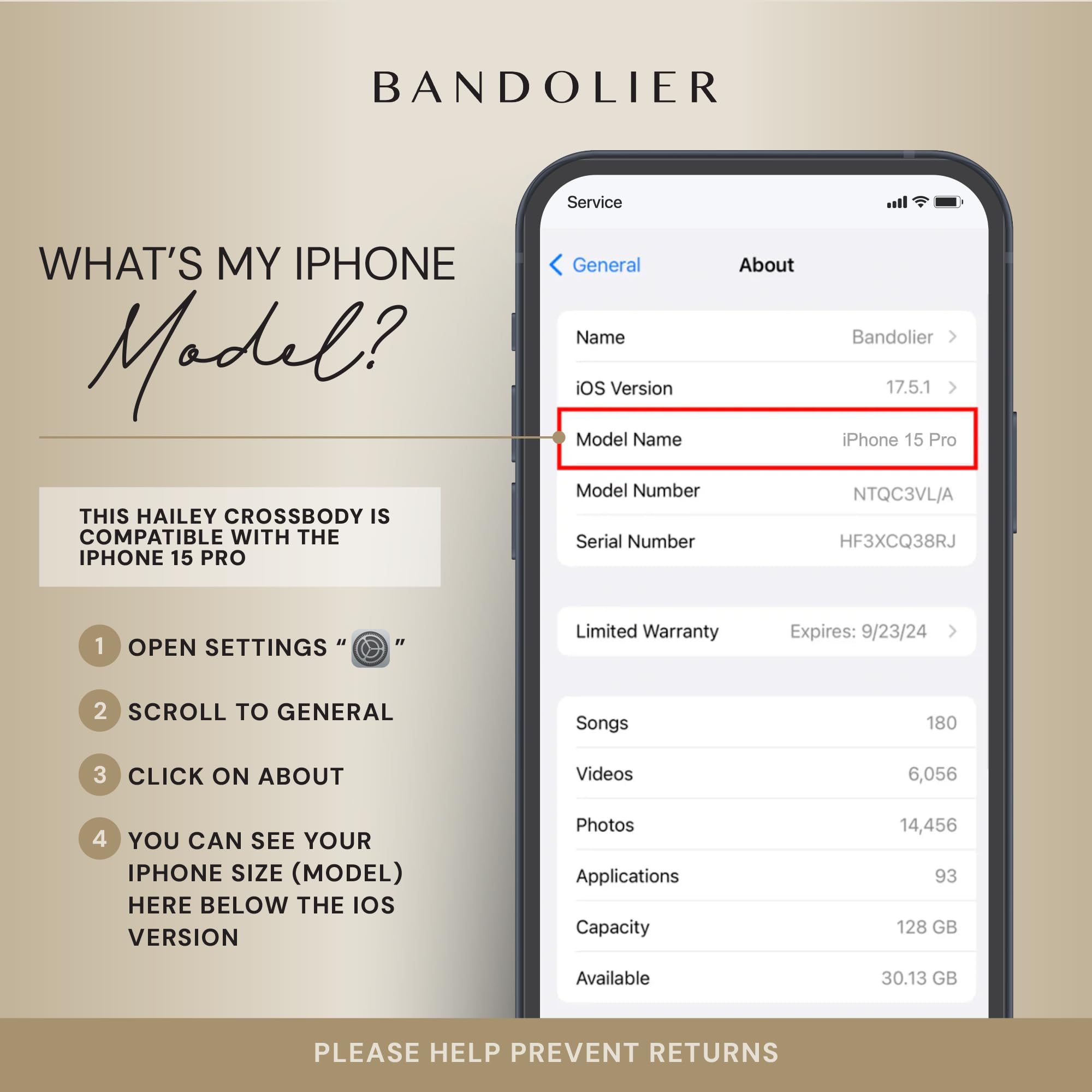 Bandolier Hailey Umhänge-Geldbörsen-Handyhülle für iPhone 15 Pro. 100% echtes Kiesel-Leder mit goldener Hardware. Verstellbarer und abnehmbarer Riemen. Erweiterbarer Klappkartenhalter. Schwarz mit