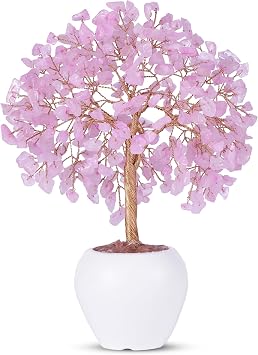 Rose Quartz Stone Chakra Crystal Tree Money Tree Feng Shui Gemstone Tree of Life with Pot Base, Good Luck Tree Christmas Home Office Desk Crystal Decor Ornaments, for Emotional Healing, Heart Chakra