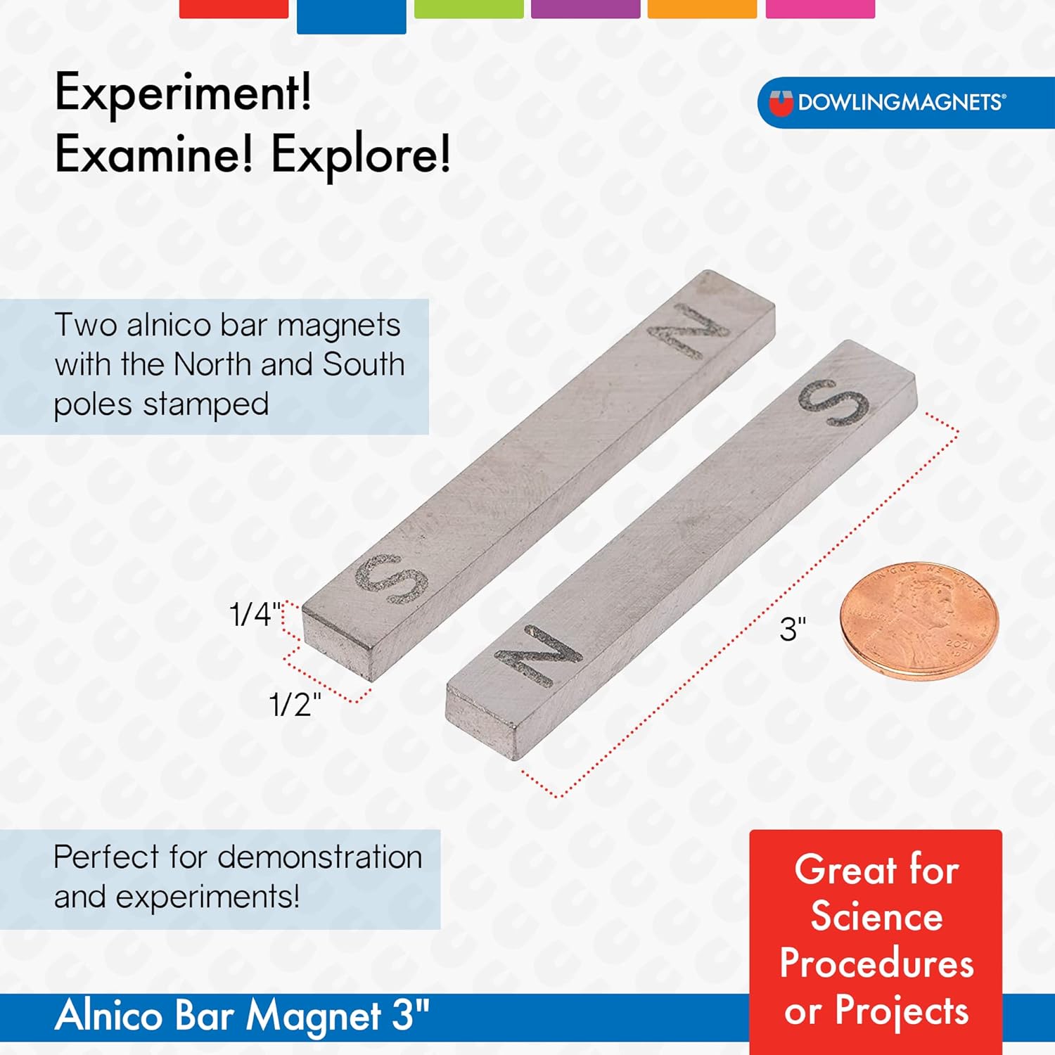 Dowling Magnets 3-Inch Alnico Bar Magnets, Set of 2, North and South Poles Marked. Learning Magnets. Item 731011.