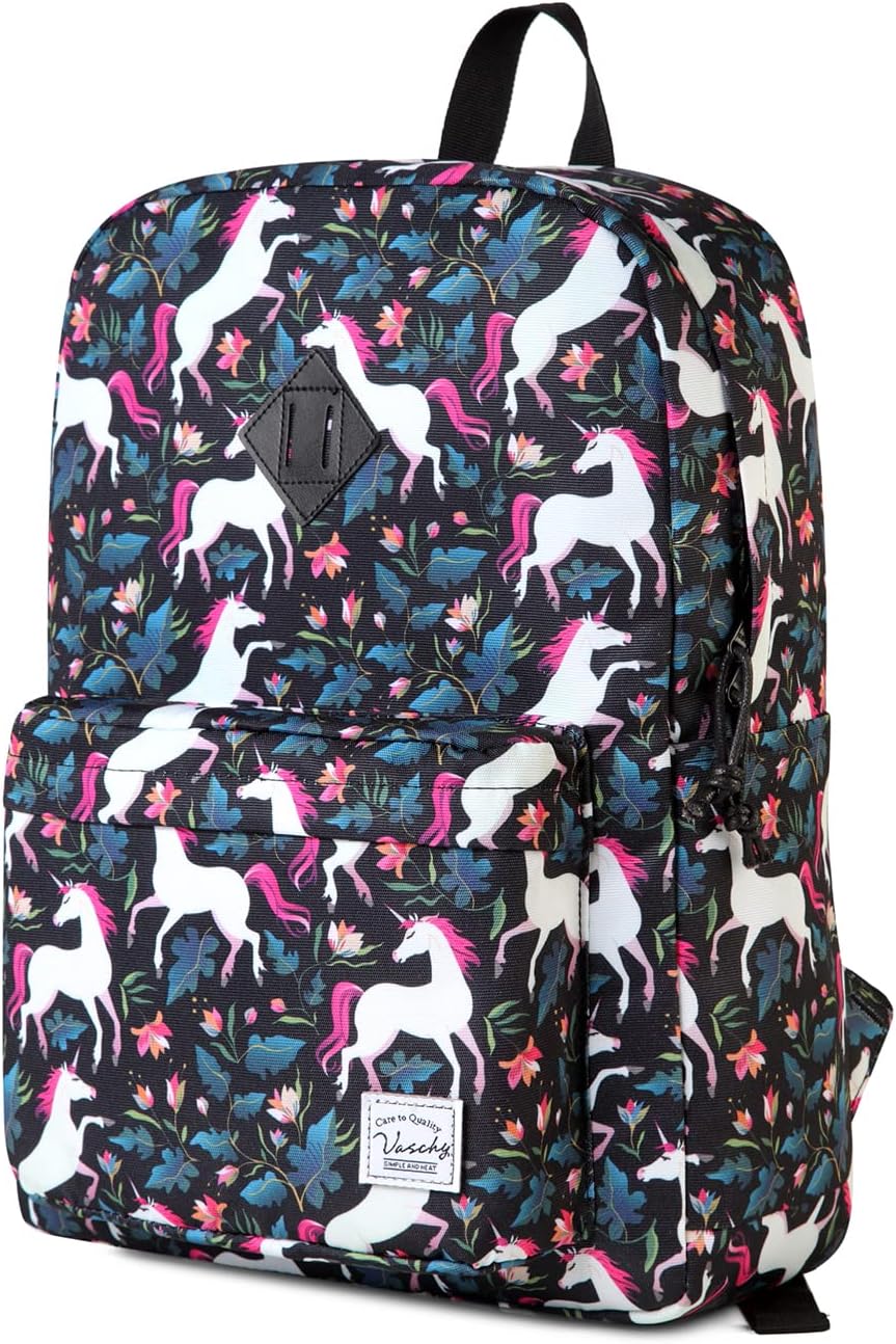 VASCHY Backpack for School, Lightweight Water Resistant Bookbag Casual Daypack for Women/Teen Girls Unicorn