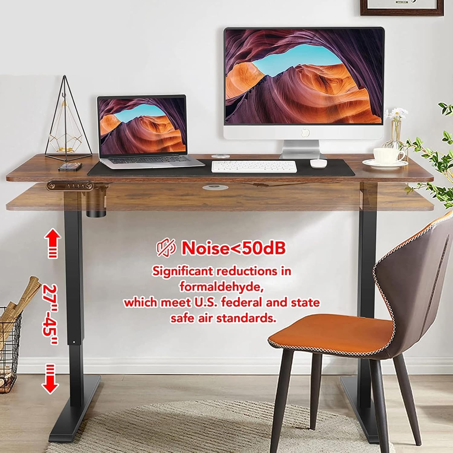 Electric Standing Desk, 48'' X 24'' Adjustable Height Desk, Ergonomic Home Office Computer Workstations, 27''-46'' Lifting Range Stand Up Desk with Wheels and Double Hooks, Easy to Move(Brown)