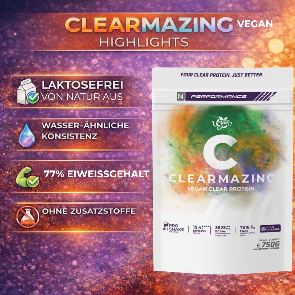 CLEARMAZING Neutrales Clear Protein Vegan Isolate 750g | ohne Aroma & Süßungsmittel | Clear Whey Alternative aus hochwertigem Erbsenproteinhydrolisat - 77% Protein | NF24