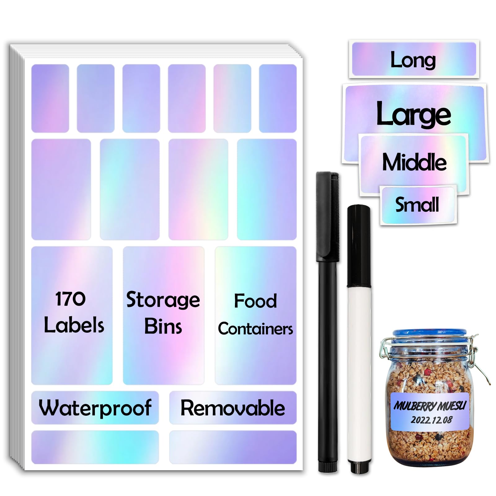 JIEHENG 170Pcs Laser Removable Labels for Jars,for Storage Bins,for Food Containers with 2 Liquid Chalk Marker(Laser)