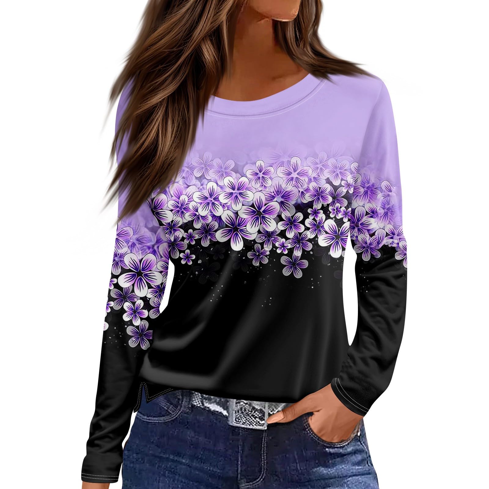 SGASY Long Sleeve Shirts for Women 2025 Spring Summer Casual Crewneck Print Shirt Lightweight Loose Fit Soft Tunic Tops