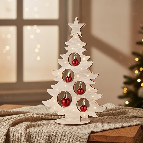 Miniatura 3 de Geelin Decoración de mesa de árbol de Navidad de madera de 12 pulgadas con luces y bolas de Navidad, adornos rojos de Navidad de mesa para chimenea