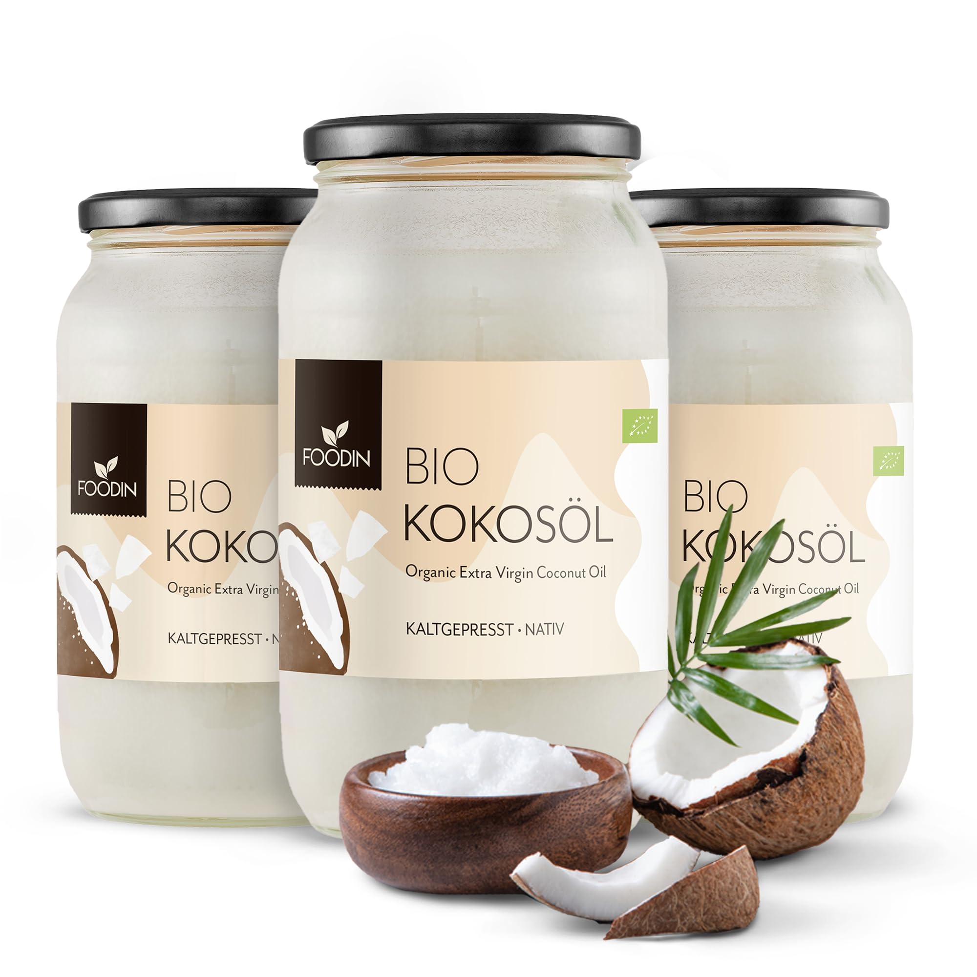 FOODIN Kokosöl, Premium Nativ & Natürlich, kaltgepresst, Bio-Kokosöl, Bio-Kokosfett, am besten für Haut und Haare, Rohkostqualität - ideal zum Braten und Kochen (3 x 1000 ml)