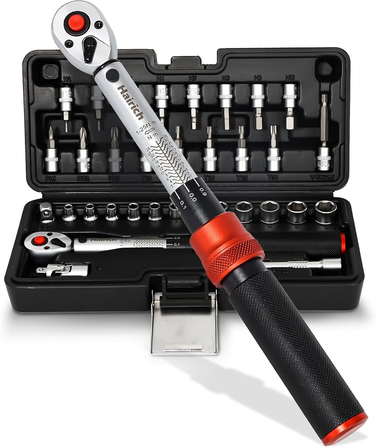 Hairich Drehmomentschlüssel Fahrrad 1/4 Zoll 1–25 Nm, ±3% Genauigkeit, 72-Zähne Ratsche, 33-teiliges Torque Wrench Set mit Verlängerung, 1/4"- 3/8" Adapter & Kardangelenk, für Fahrrad & Motorrad
 – Amazon Angebot