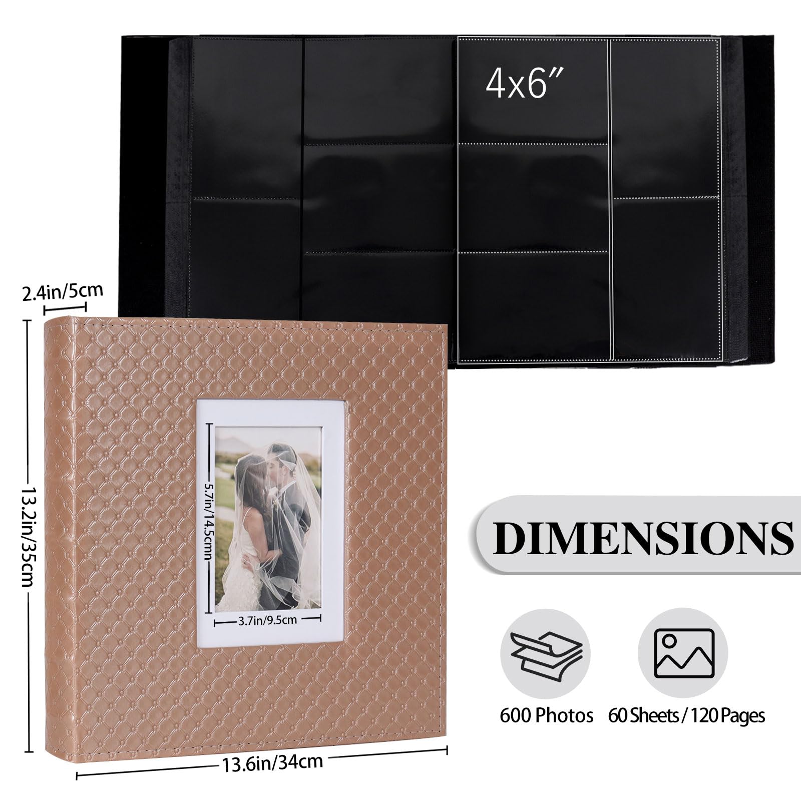 RECUTMS Fotoalbum Für 600 Fotos Große Kapazität Schwarze Innenseite Knopf Genarbtes Leder Taschen Fotoalbum Familienfotoalbum Buch Horizontale Und Vertikale Fotos (Braun)