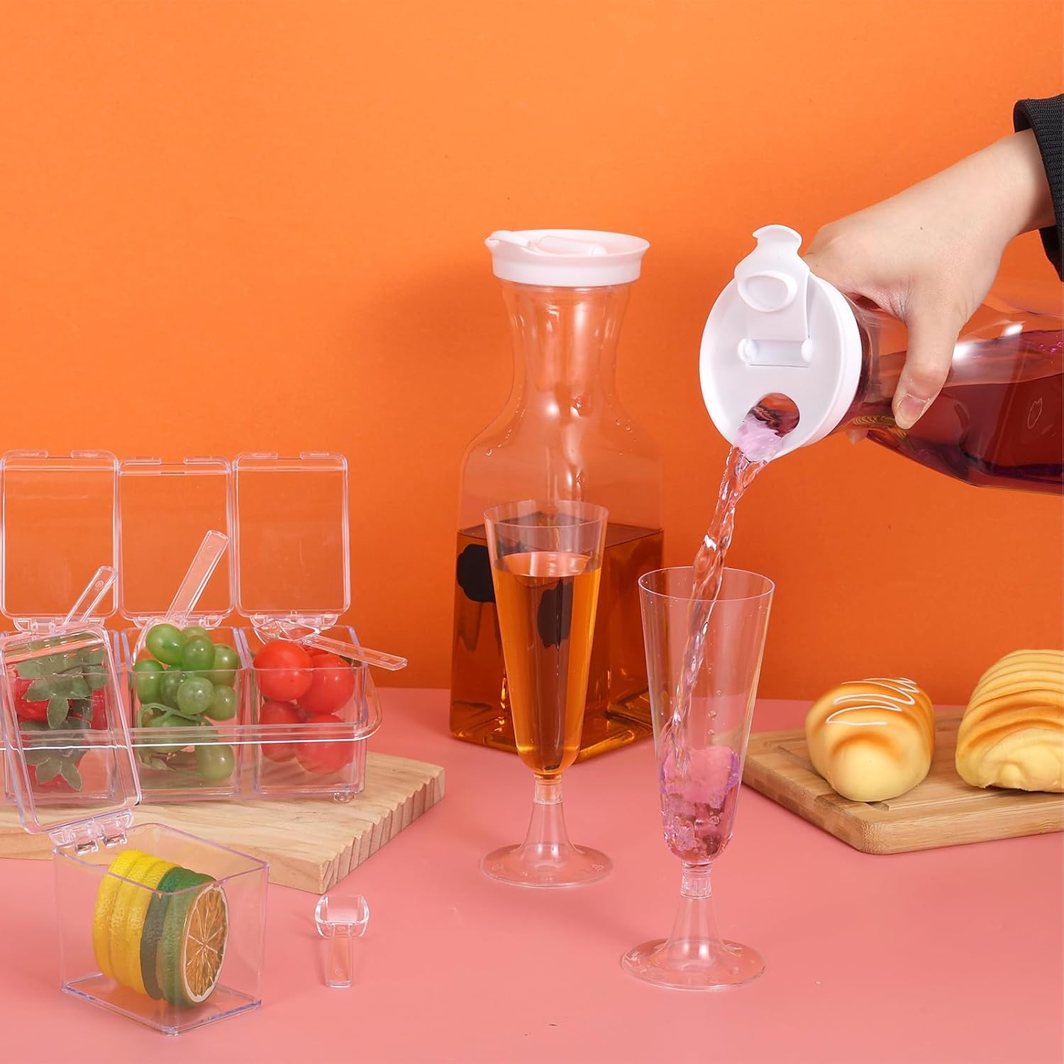31 Pcs Mimosa Bar Supplies Includes 34 oz Plastic Carafe Juice Bottle with Lids 150 ml Plastic Champagne Flutes Chilled Condiment Containers Stickers for Spring Summer Party Serving