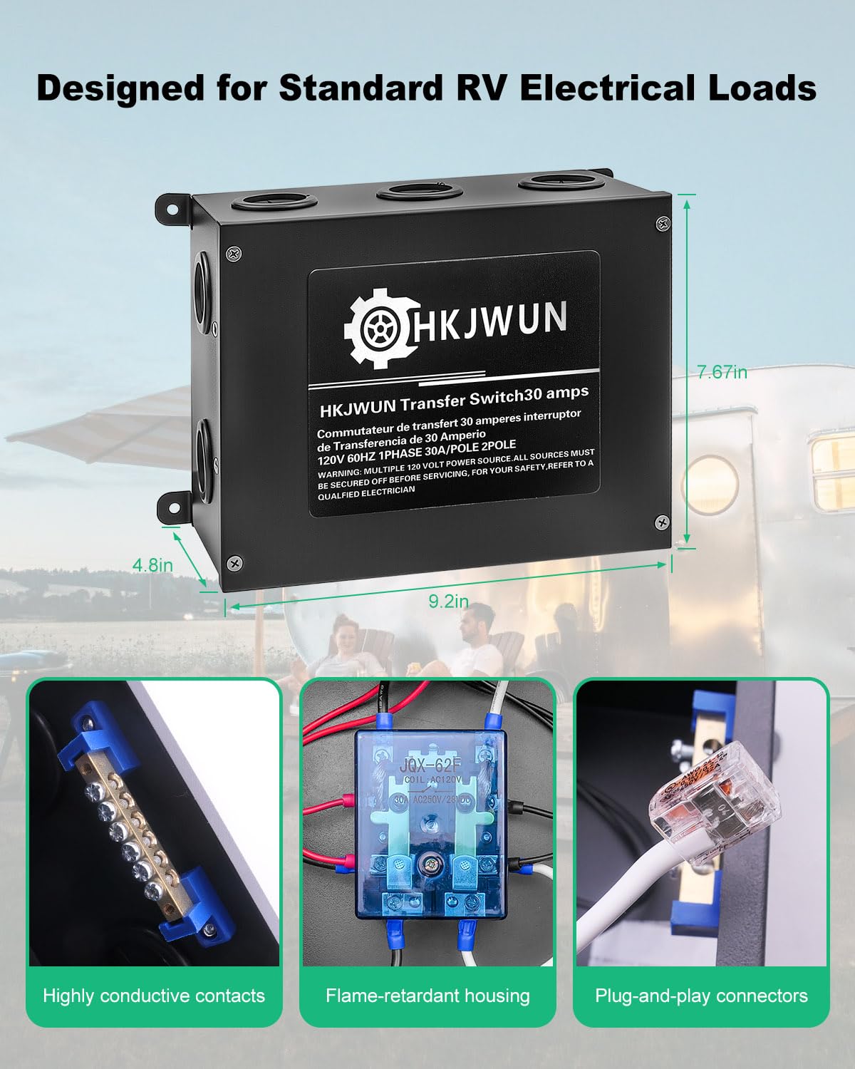 30 Amp Transfer Switch for RV, Metal Housing with Adjustable Delay Timer, Automatic Transfer Switch for Inverter Generator Shore Power