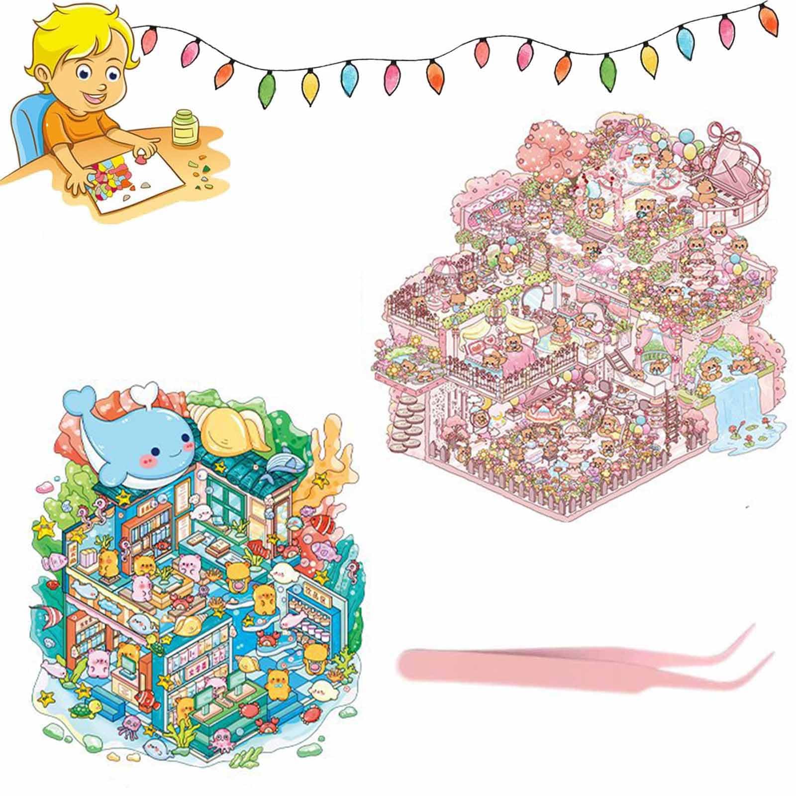2 Set 3D Sticker Scene, Sticker Therapy, 3D House Sticker, Cartoon House Landscaping Stickers, Cute Cartoon Scene Sticker